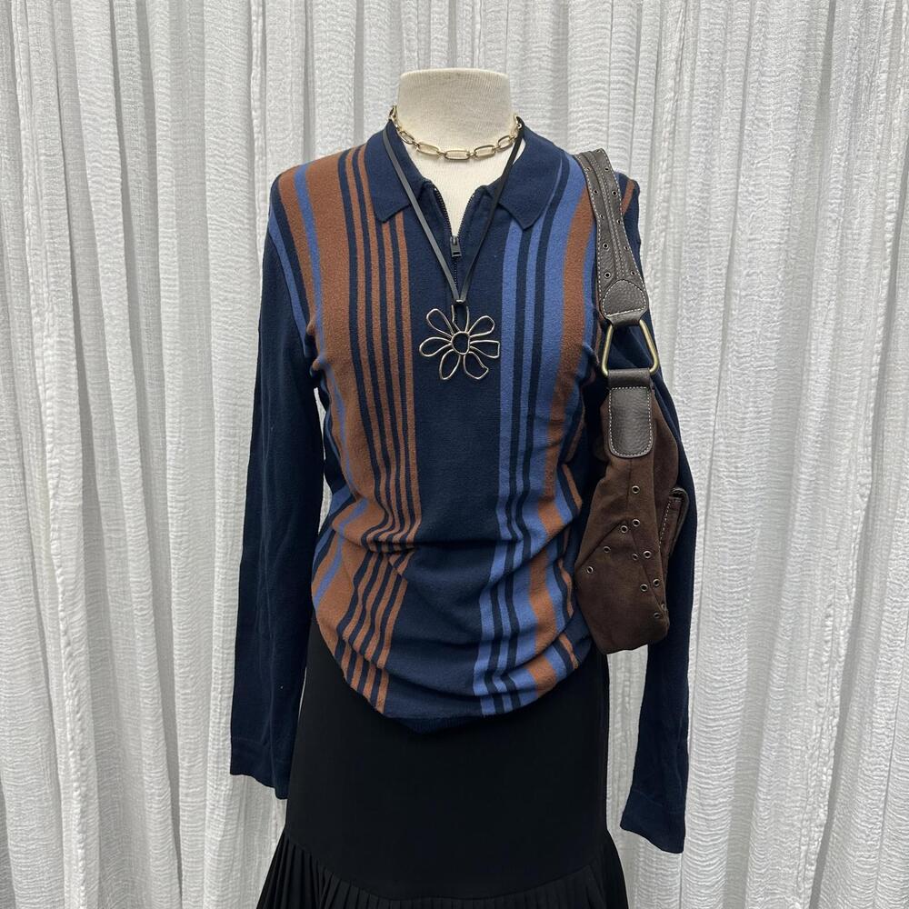 Preppy Retro Academia Navy Blue Brown Striped Polo Top (S)